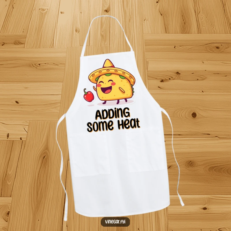 Funny taco wearing a sombrero bouncing a chili pepper on its head, on a kitchen apron for humorous meal prep.