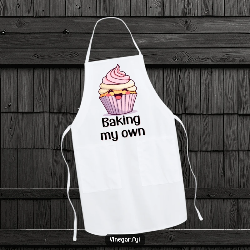 Funny kawaii cupcake excitedly frosting itself with a giggle, on a chef's apron, making it a fun and funny gift.