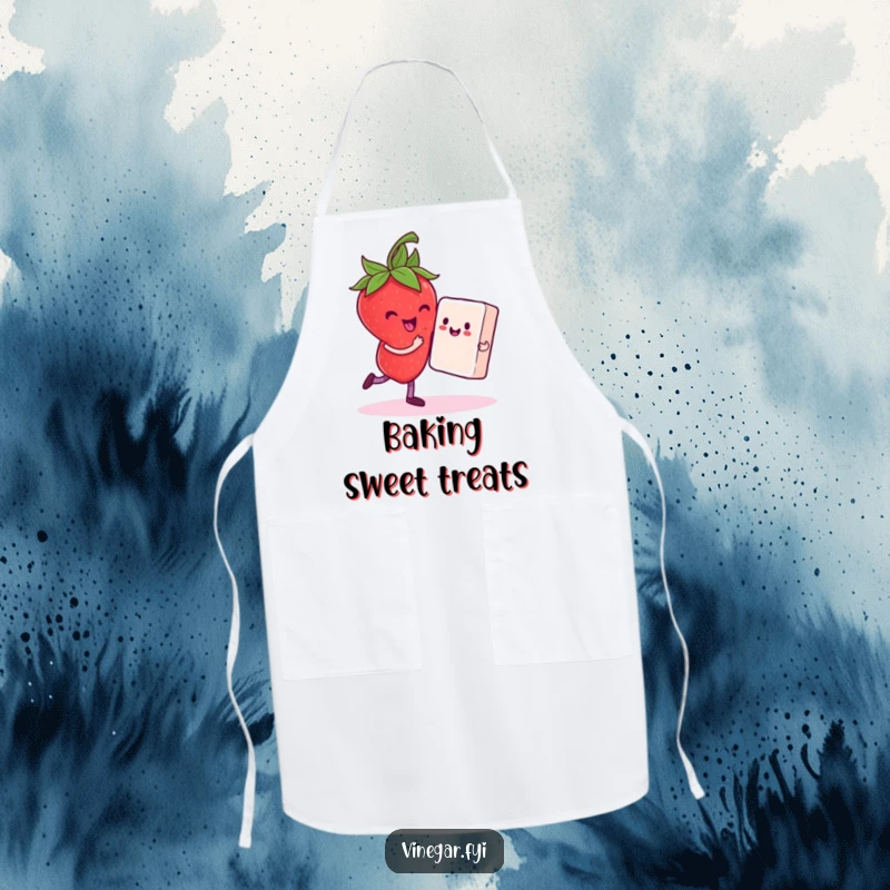 Funny apron showing a delighted strawberry dancing with a sugar cube partner, perfect for a sweet and humorous kitchen experience.