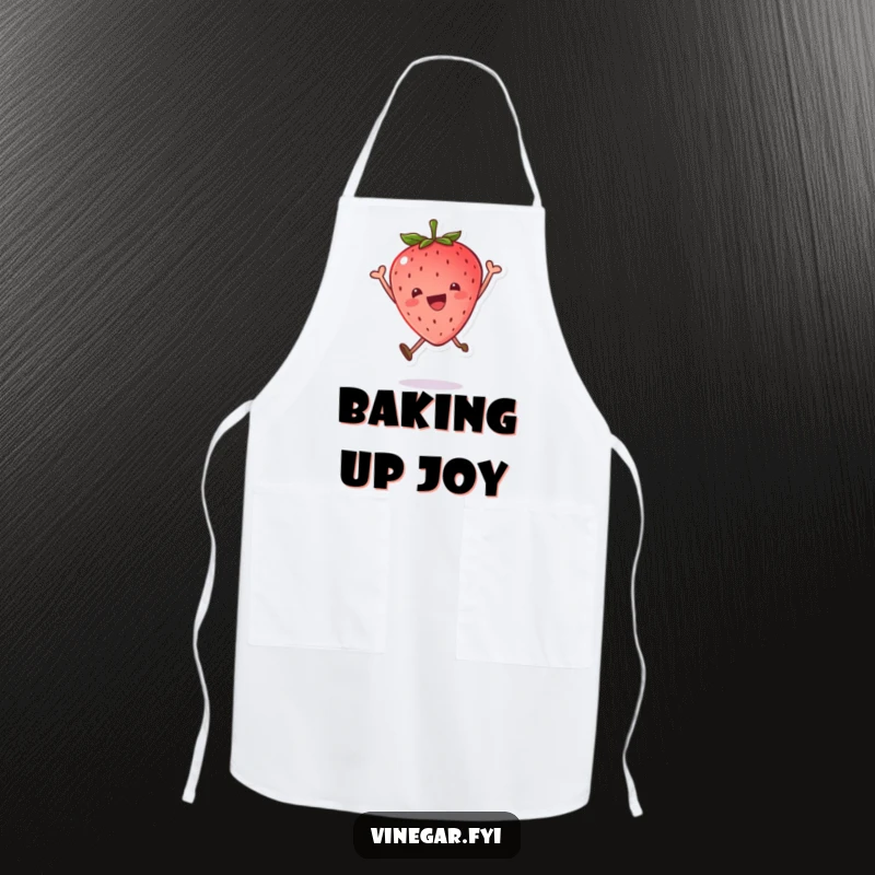 Funny apron featuring a kawaii strawberry leaping with joy, leaf cap askew, for a cheerful and sweet cooking experience.