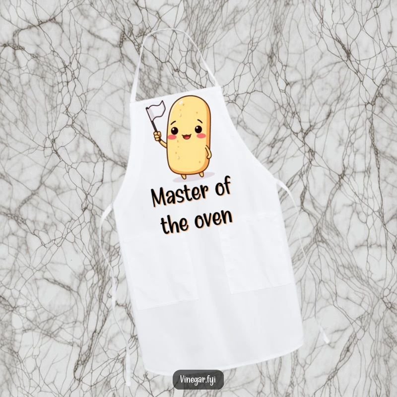 Funny apron with a smiling baguette waving a small flag, perfect for baking or cooking with a humorous touch.