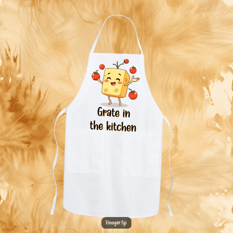 Funny apron featuring a happy cheese cube juggling cherry tomatoes, perfect for keeping kitchen messes fun.