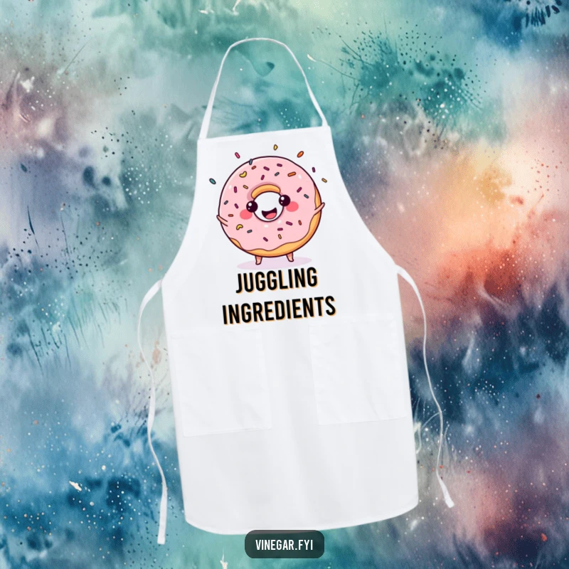 Funny apron featuring a kawaii donut juggling colorful sprinkles with a big smile, for a sweet and fun cooking experience.