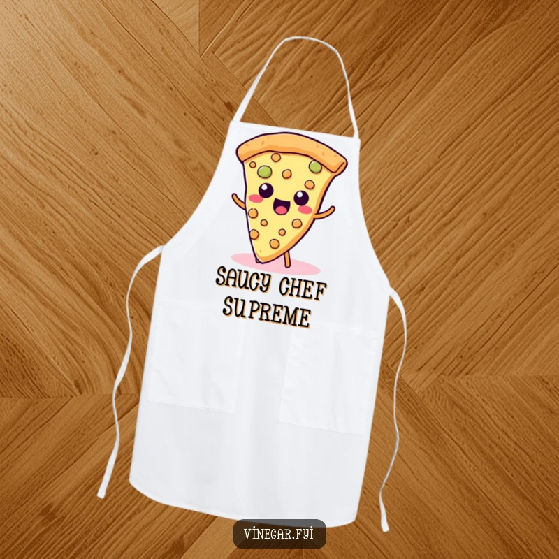 Funny Kawaii Pizza Apron: A cute slice of pizza happily wiggles its cheesy toppings, bringing humorous pizza joy to your kitchen.