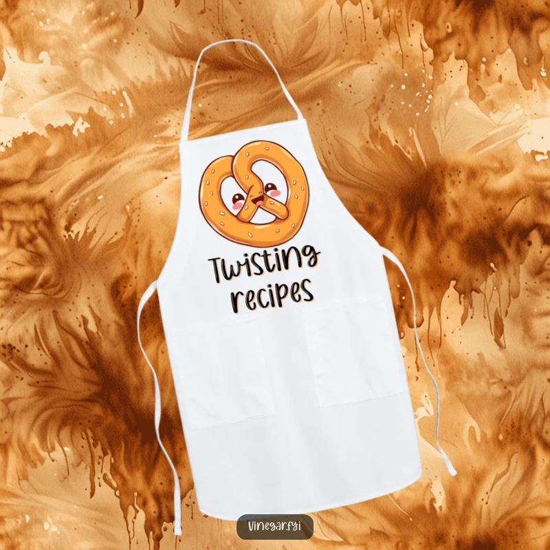 Funny apron featuring a kawaii pretzel twisting playfully, its cheerful, salty gleam perfect for a fun cooking experience.