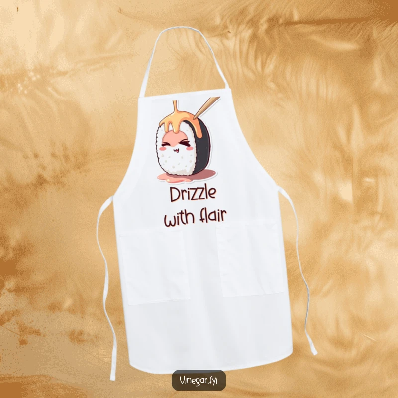 Funny kawaii sushi roll mischievously winking while being drizzled, on a chef's apron, making it a fun and funny gift.