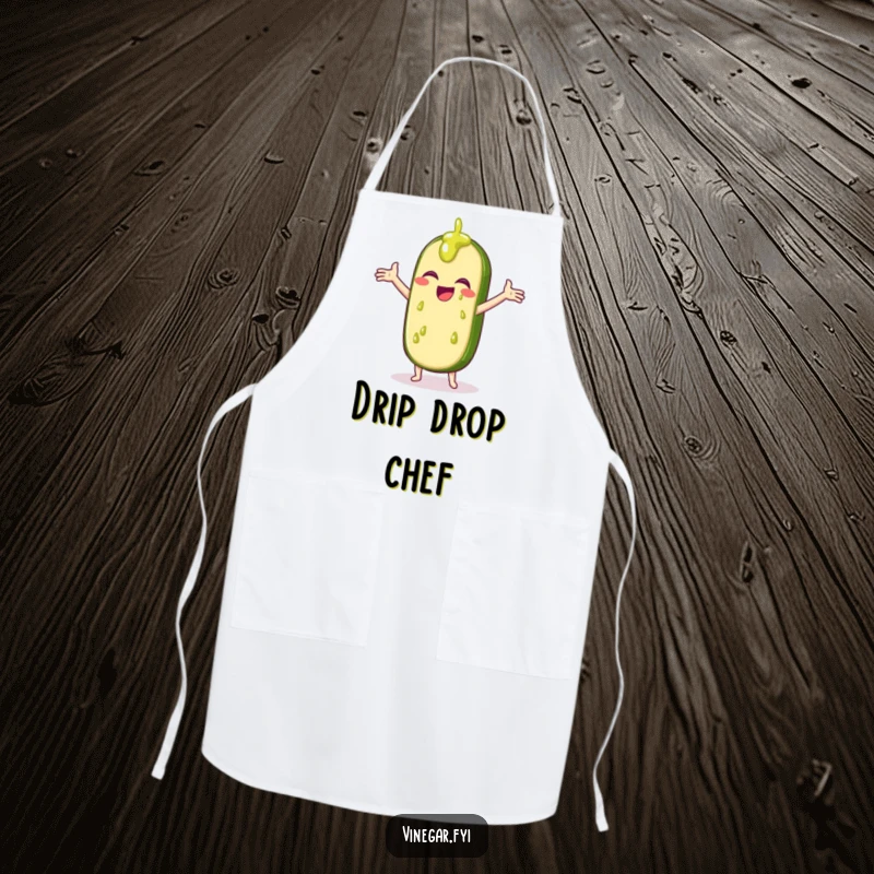 Funny apron showing a giggling pickle slice catching drips of vinegar, perfect for a humorous cooking experience.