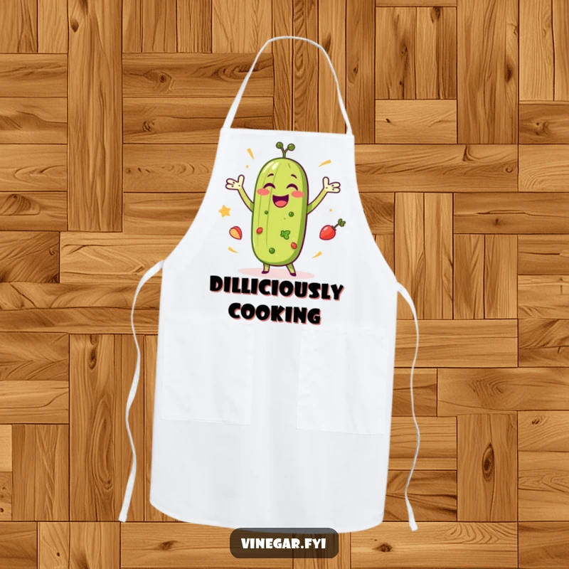 Funny apron depicting a happy pickle doing a celebratory dance with fresh salad ingredients, perfect for kitchen fun and protection.