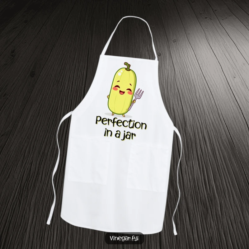 Funny apron showing a giggling pickle in a confident pose with a tiny fork, perfect for a sassy and fun cooking experience.