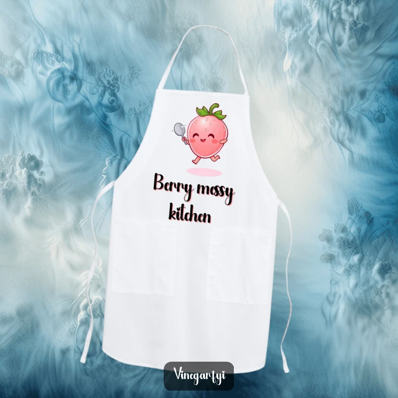 Funny Apron: Radiant pink strawberry character with a tiny spoon joyfully leaps through shimmering mist, ready for kitchen fun.