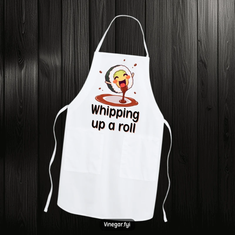 Funny apron showing a joyful sushi roll doing a cartwheel with soy sauce splashing, perfect for a humorous cooking experience.