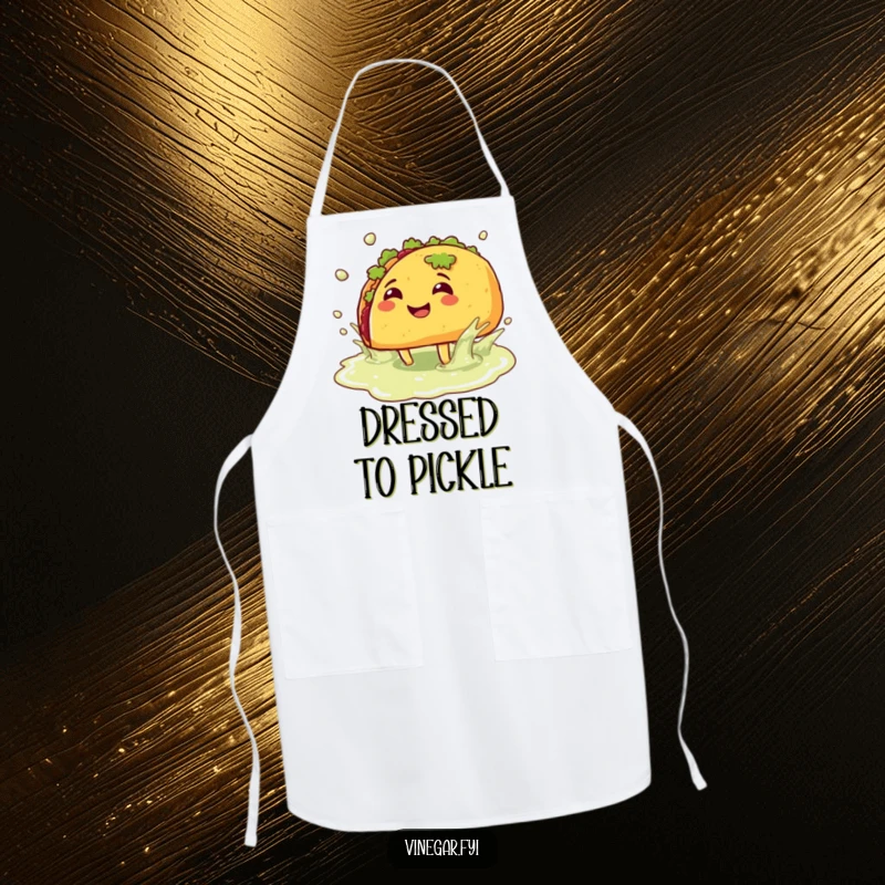 Funny apron: A happy taco with legs splashes joyfully in a vinegar puddle, protecting the wearer with a side of gourmet humor.