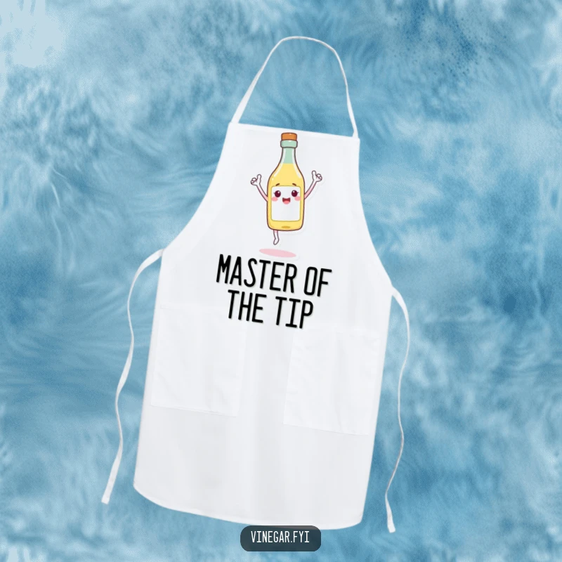 Funny Apron with a cheerful vinegar bottle character triumphantly balancing on its tip, perfect for kitchen victories.