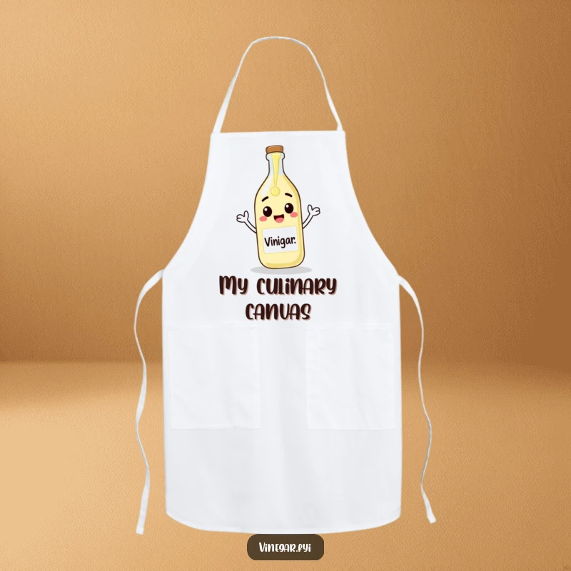Funny apron with a cheerful vinegar bottle pouring itself onto a blank canvas, combining artistic protection with humor.