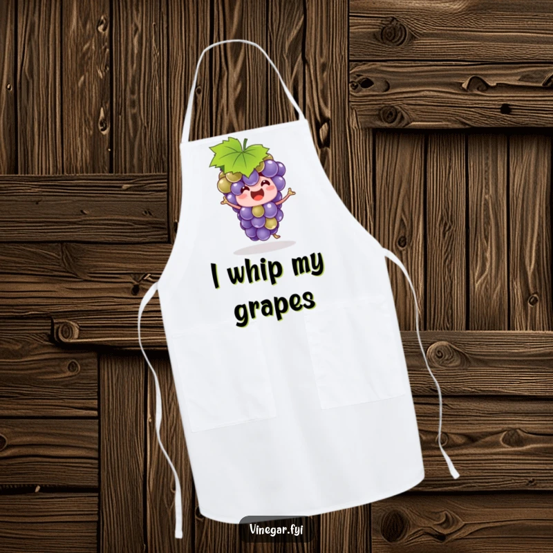 Funny grape bunch in a leaf hat, grooving while cooking, displayed on a durable and humorous kitchen apron.