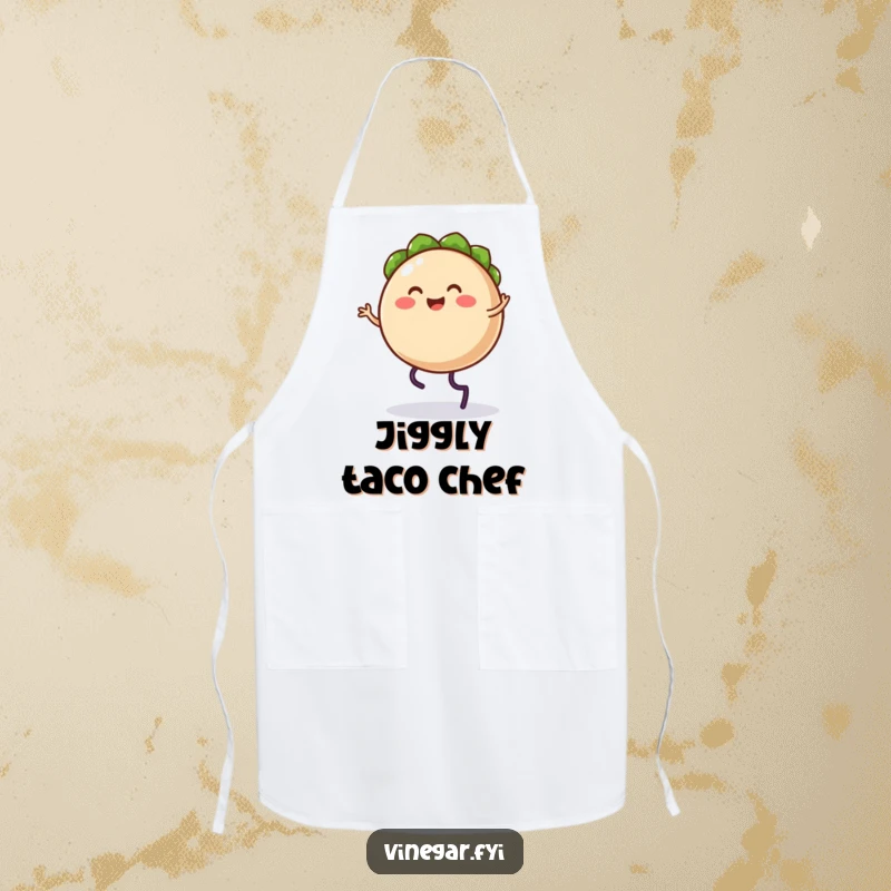 Funny apron showcasing a happy taco character with legs doing a silly jig, ready for kitchen creations.