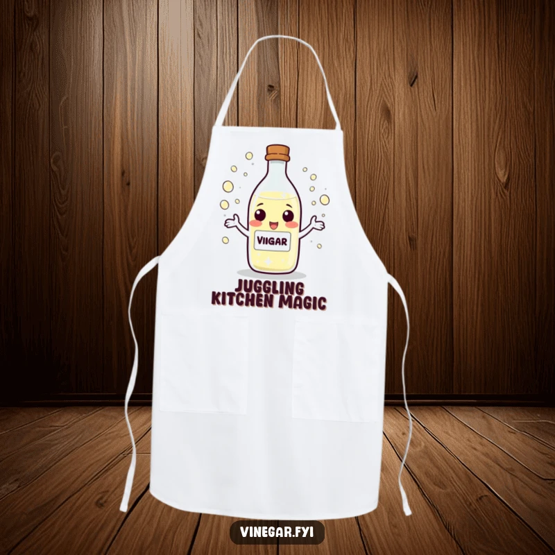 Funny Apron showing a playful vinegar bottle character juggling tiny, sparkling droplets, perfect for the skilled home cook.