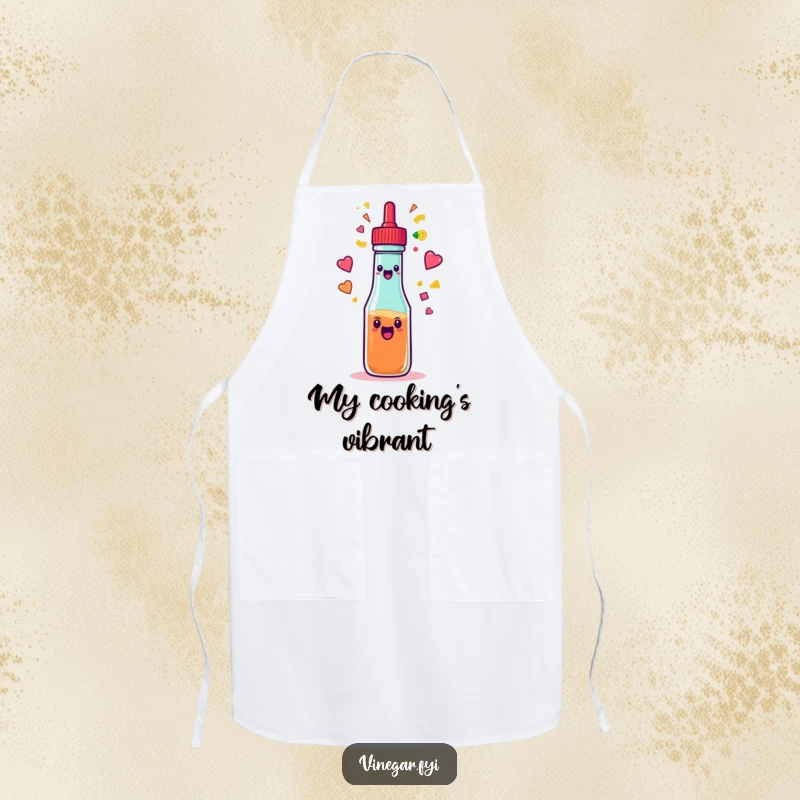 Funny condiment squeeze bottle spraying a rainbow of colorful shapes on a kitchen apron, for humorous and vibrant meal prep.