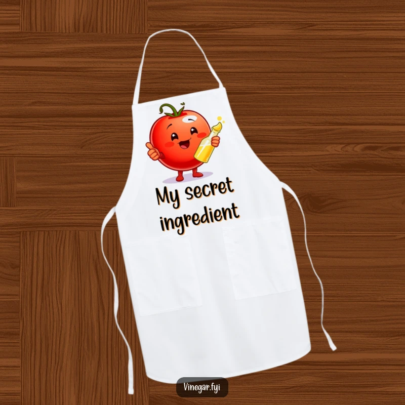 Funny Apron depicting a playful cherry tomato giving a thumbs up while holding a vinegar cruet, making kitchen tasks a flavorful affair.