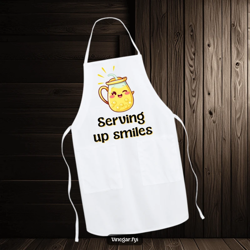 Funny apron with a radiant yellow lemonade pitcher character winking, ready to serve, bringing a delightful and humorous vibe to the kitchen.