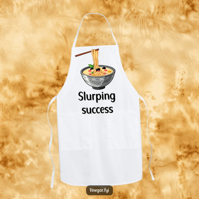 Funny kawaii ramen bowl slurping noodles with exaggerated delight, on a chef's apron, making it a fun and funny gift.