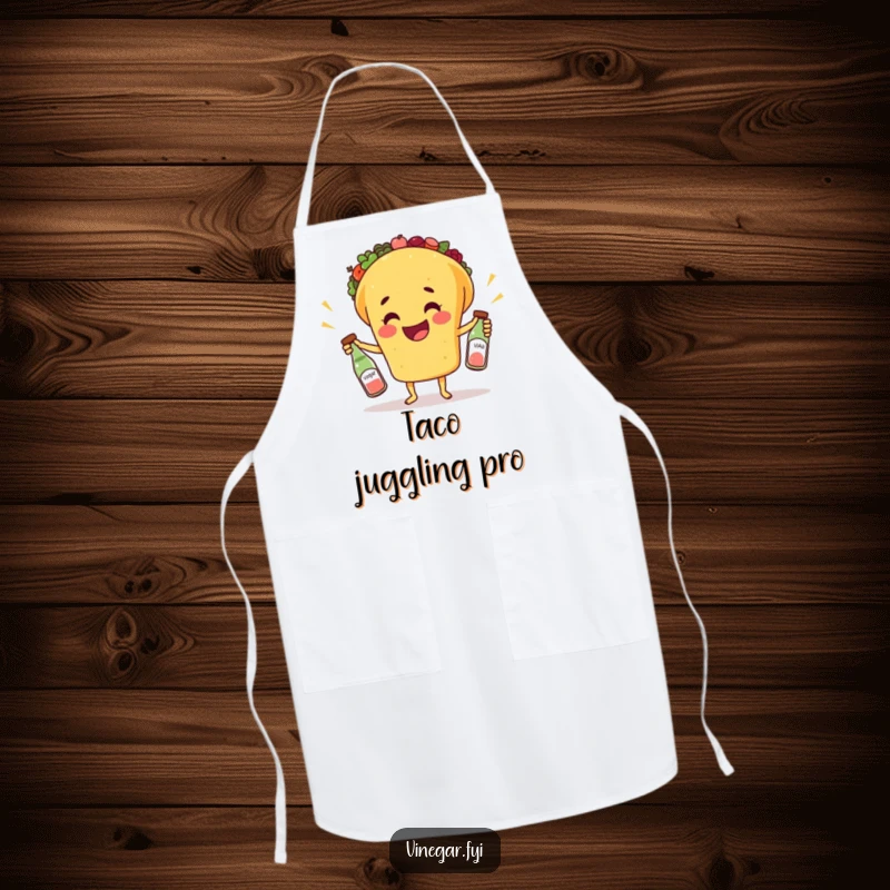 Funny apron featuring a happy taco juggling three small bottles of vinegar, designed for cooks who appreciate humor in the kitchen.