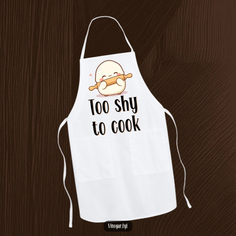Funny apron depicting a shy dumpling blushing and hiding behind a small rolling pin, perfect for kitchen fun and protection.