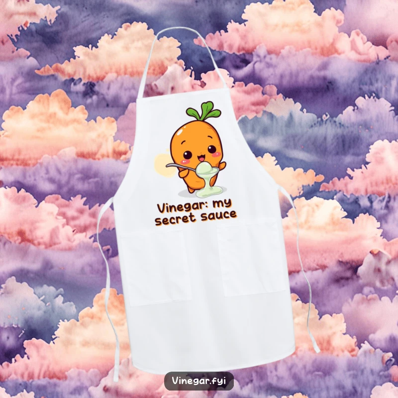 Funny apron featuring a small Kawaii carrot tasting vinegar from a tiny spoon, with a comically sour expression, ideal for kitchen humor.
