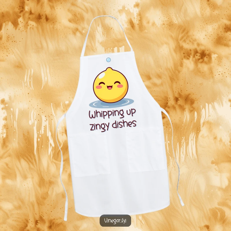 Funny round lemon character beaming as a tiny droplet bounces off its surface, featured on a functional and cheerful kitchen apron.