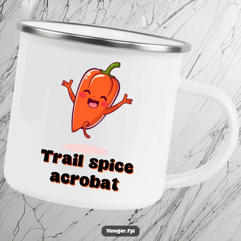 Funny Kawaii pepper doing a cartwheel with zest, printed on a sturdy camping mug.
