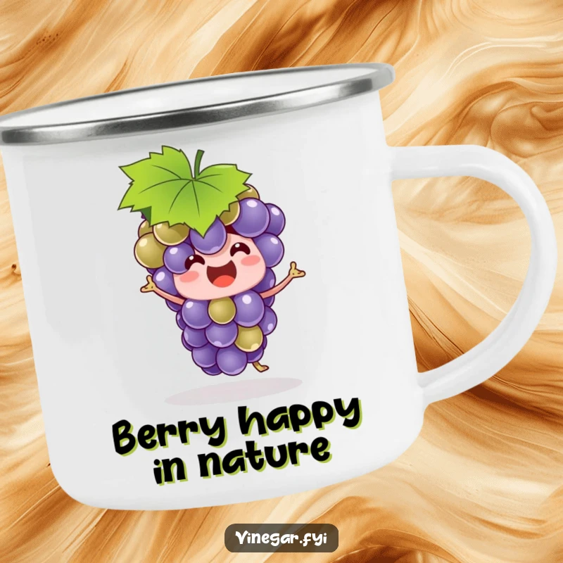 Funny grape bunch in a leaf hat, dancing with abandon, printed on a sturdy camping mug for outdoor fun.