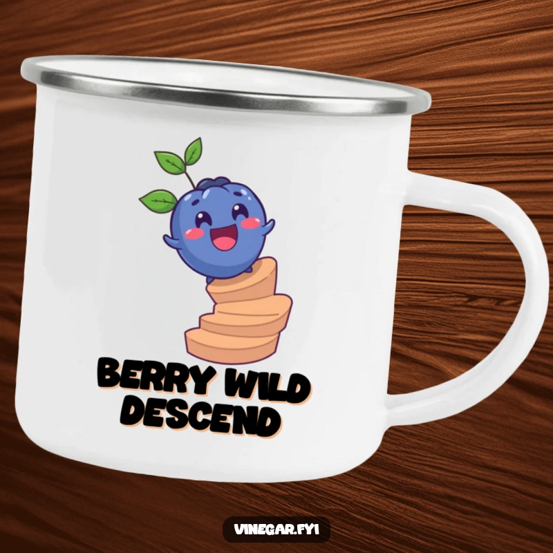 Funny camping mug showing a surprised blueberry gleefully rolling down a spiral staircase, perfect for outdoor drinks and cheerful vibes.