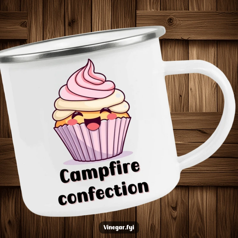 Funny kawaii cupcake excitedly frosting itself with a giggle, on a sturdy camping mug, perfect for outdoor use.