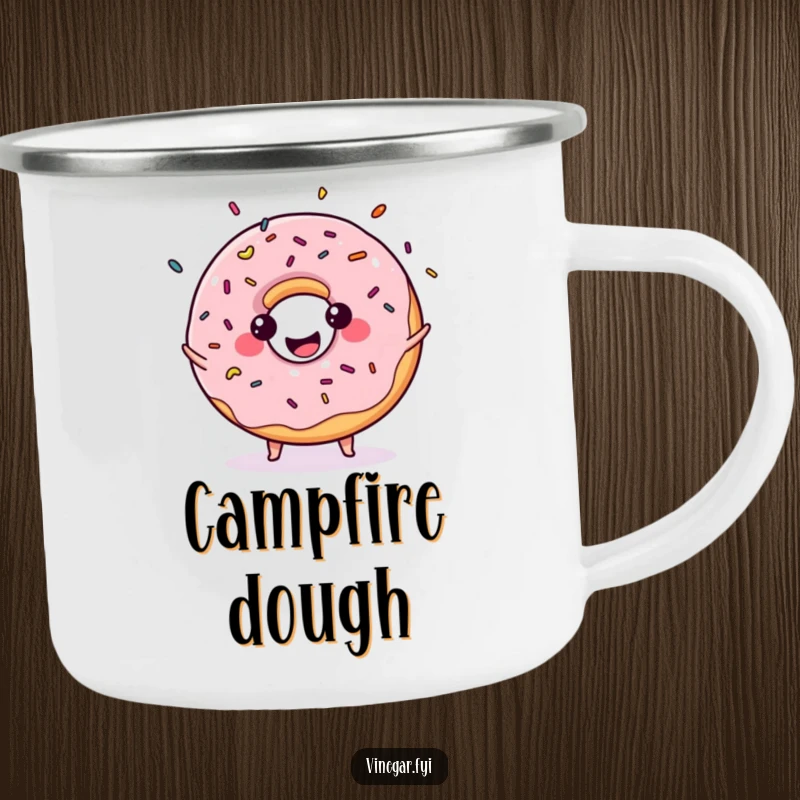 Funny camping mug with a kawaii donut juggling sprinkles, bringing sweet cheer and fun to outdoor escapades.