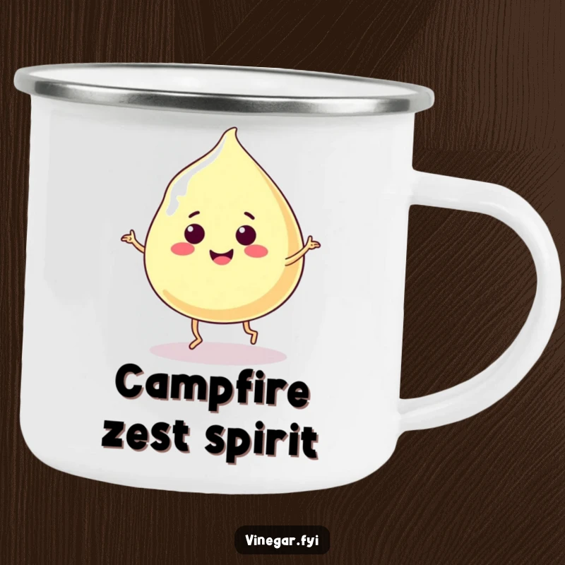 Funny camping mug featuring a smiling, jiggly vinegar blob doing a happy dance, perfect for beverage enjoyment outdoors.