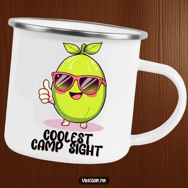 Funny Kawaii lime, wearing cool sunglasses and giving a thumbs up, featured on this rugged and funny camping mug. Outdoor cool humor.