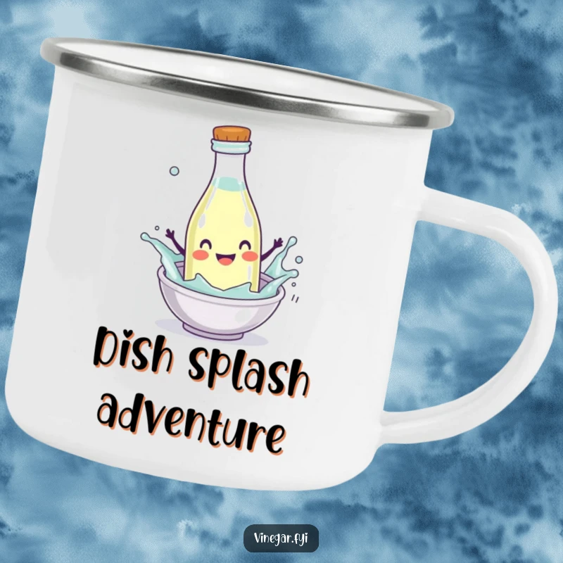 Funny Camping Mug with a happy vinegar bottle character splashing enthusiastically into a mini-dish, ready for outdoor fun.