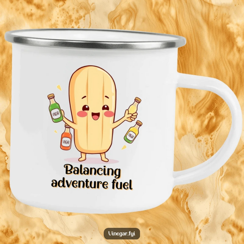 Funny camping mug with a cheerful baguette character juggling miniature vinegar bottles, perfect for outdoor enjoyment.