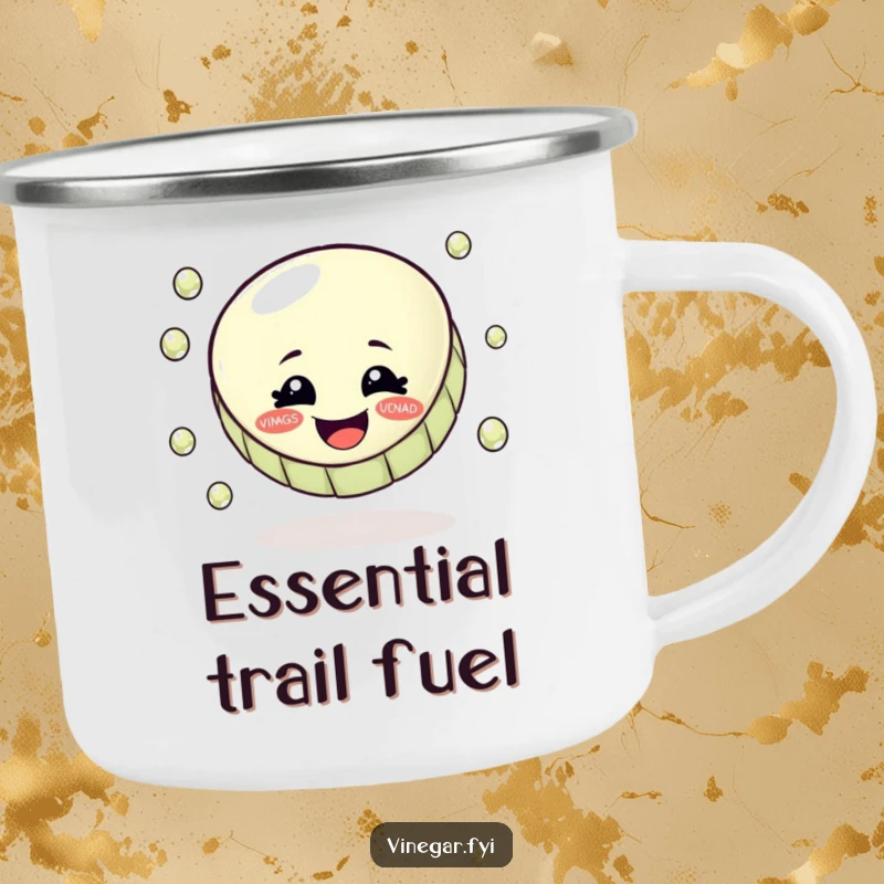 Funny camping mug showcasing a joyful bottle cap juggling tiny, glistening vinegar droplets, built for outdoor laughs.