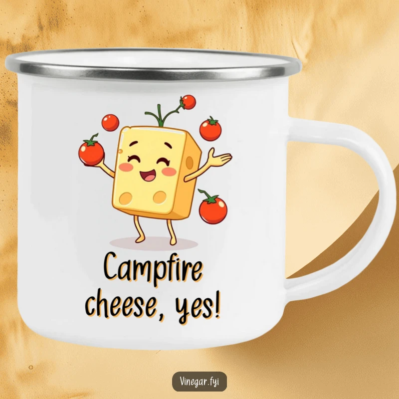 Funny camping mug showing a jovial cheese cube juggling bright red cherry tomatoes, ready for any outdoor adventure.