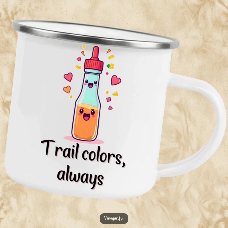 Funny condiment squeeze bottle spraying a rainbow of shapes on a rugged camping mug, for outdoor fun and humor.