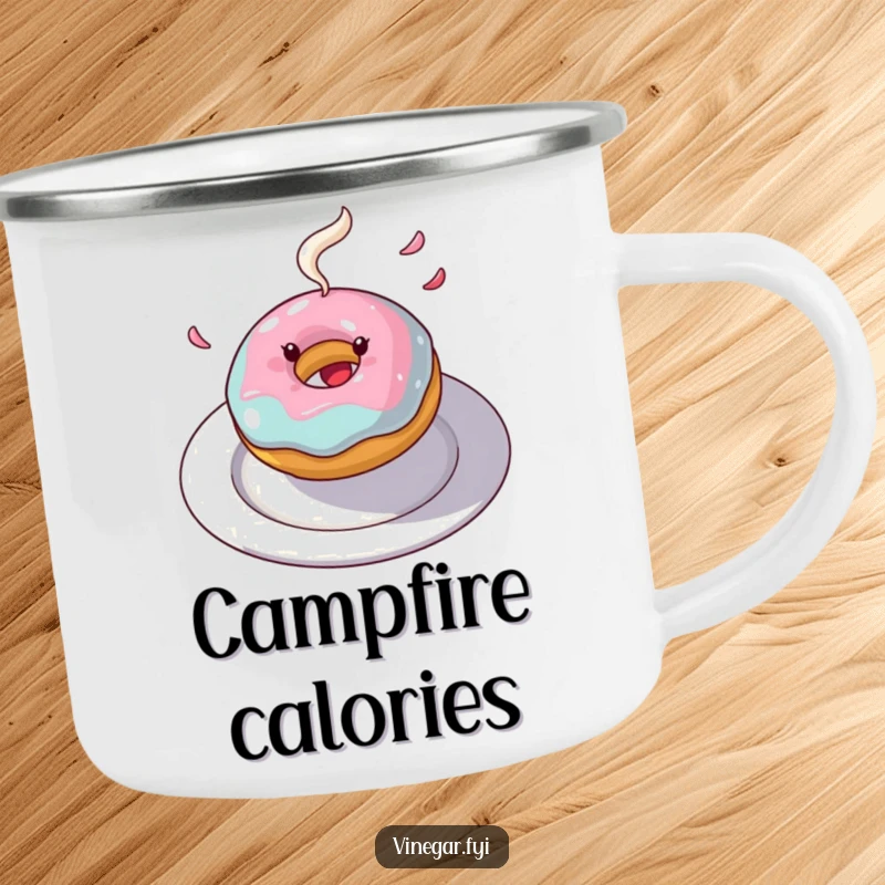 Funny donut camping mug with a joyful spinning donut and flying frosting, perfect for adventurous sips and sweet mornings.