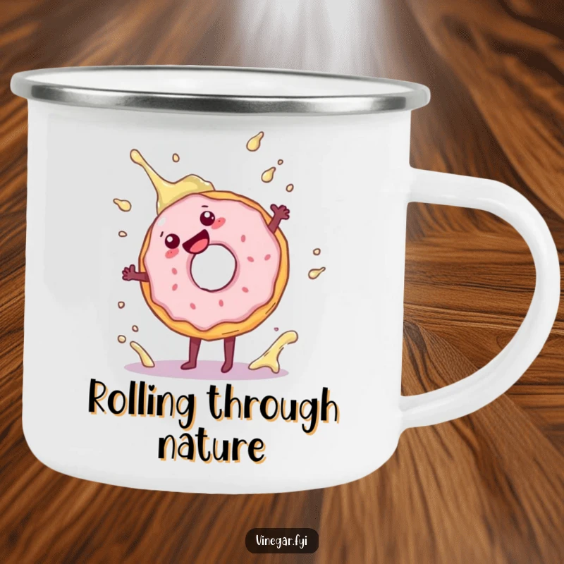 Funny camping mug featuring a cartwheeling donut and a vinegar splash, ideal for outdoor enthusiasts who love humor.