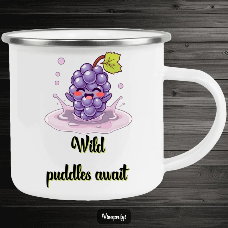 Funny Kawaii grape character, giggling and splashing in a vinegar puddle, featured on this rugged and funny camping mug. Outdoor fruity humor.
