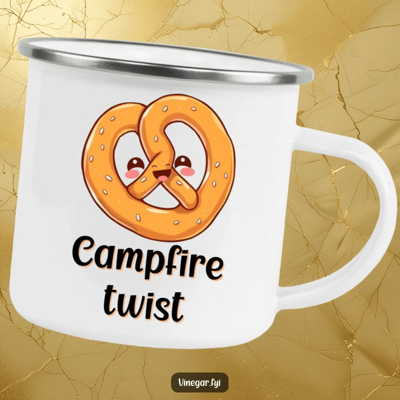 Funny camping mug with a kawaii pretzel twisting playfully, its cheerful, salty gleam bringing fun to outdoor escapades.