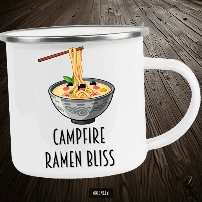 Funny kawaii ramen bowl slurping noodles with exaggerated delight, on a sturdy camping mug, perfect for outdoor use.