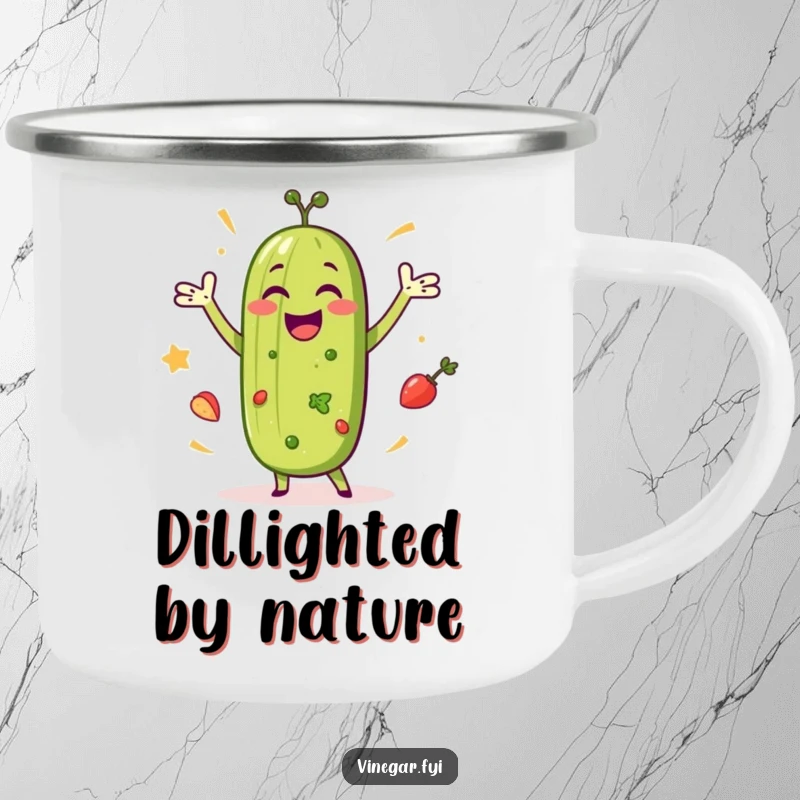 Funny camping mug showing a happy pickle dancing joyfully with salad ingredients, perfect for enjoying drinks around the campfire.