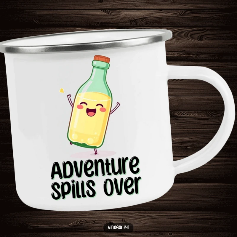 Funny vinegar bottle camping mug of a joyful, stylized bottle tipping itself over, ready for adventure.