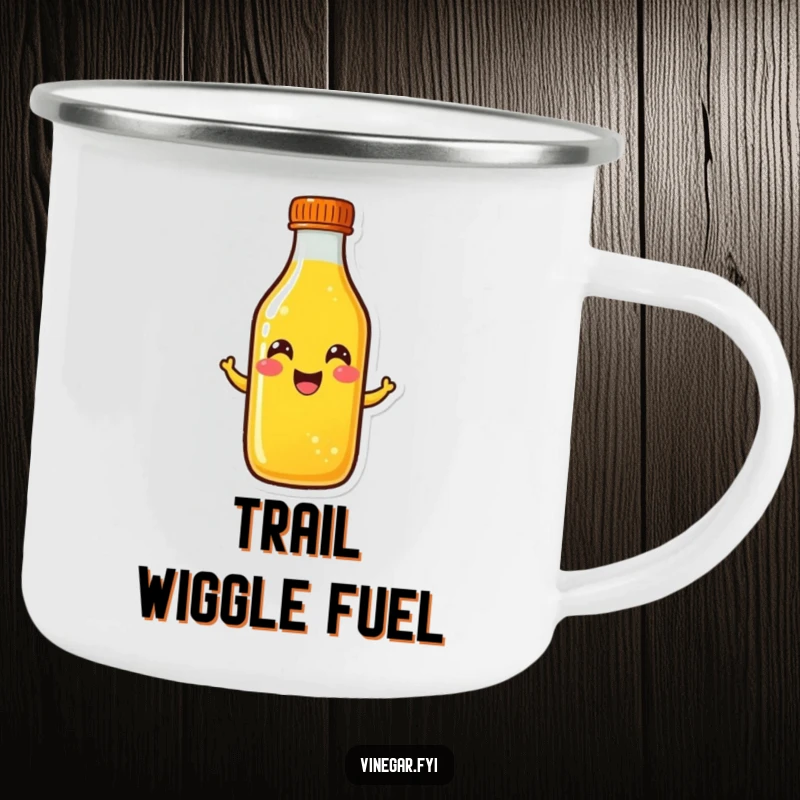 Funny yellow liquid bottle camping mug doing a cheerful wiggle, ready for adventure, a durable and funny gift.
