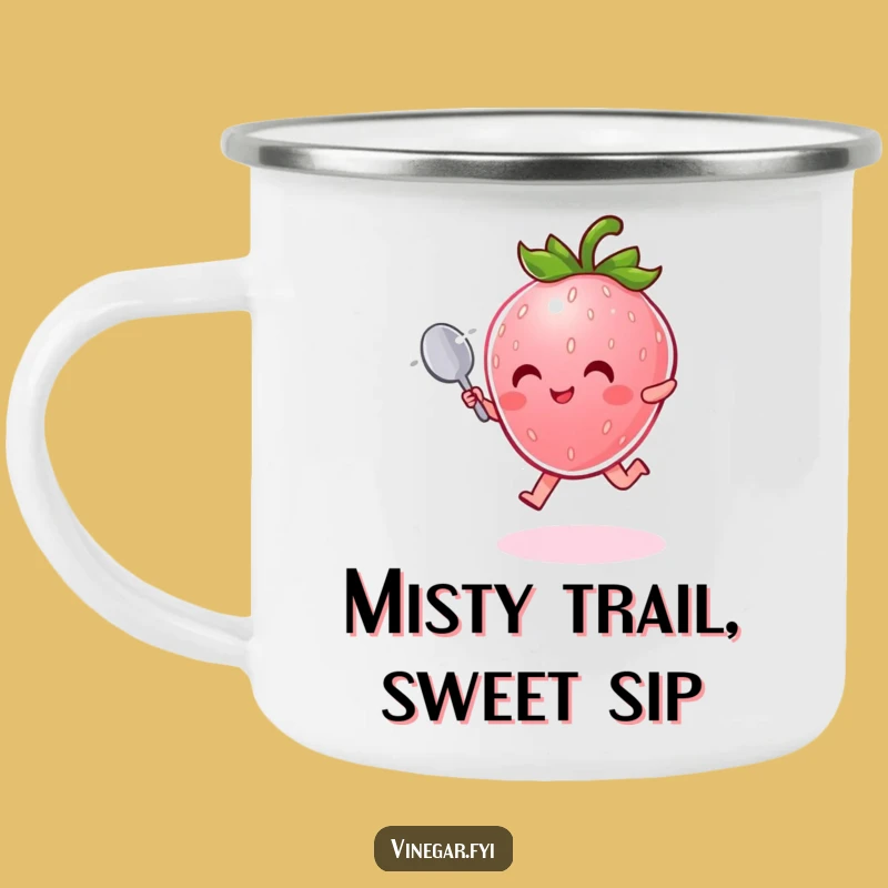 Funny Strawberry Camping Mug: Radiant Pink Character Leaping, Adventure Funny Gift